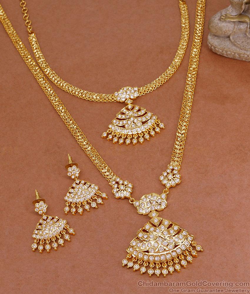 Premium Quality Full White Stone Impon Panchaloha Long Haram Necklace Jewelry Set HR3432