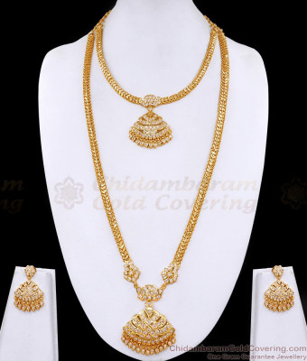 Premium Quality Full White Stone Impon Panchaloha Long Haram Necklace Jewelry Set HR3432