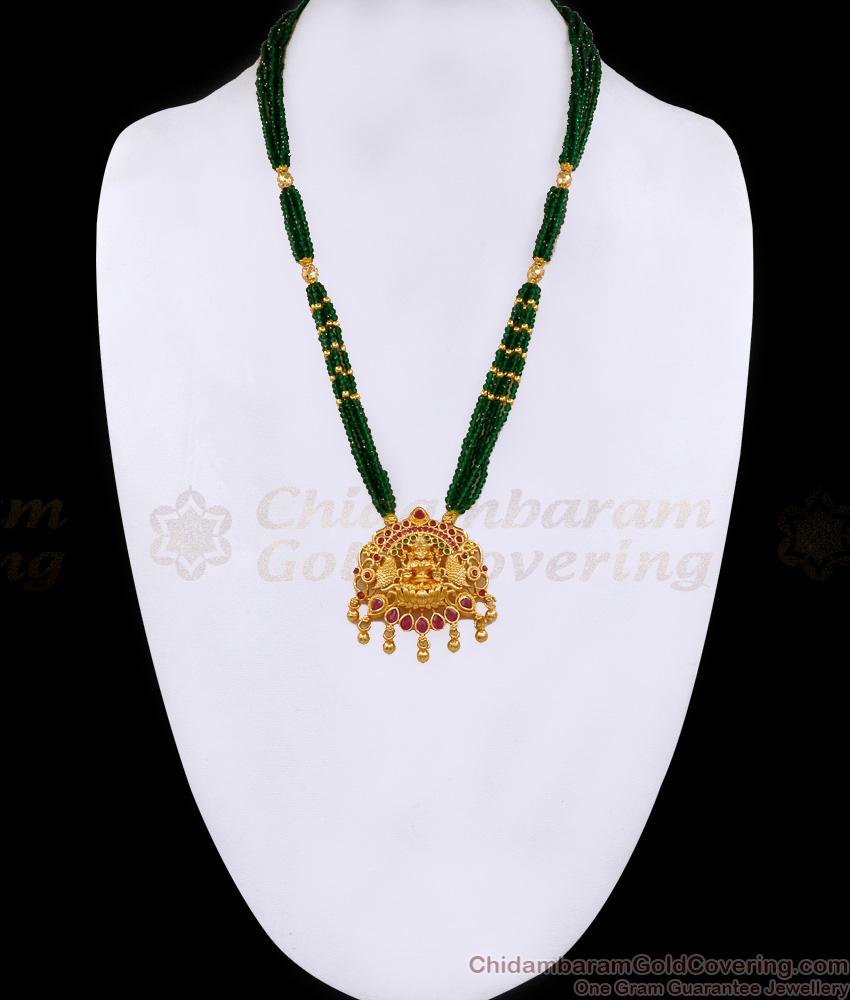 Latest Emerald Beads Multi Line Haram Design Lakshmi Pendant Design HR3436