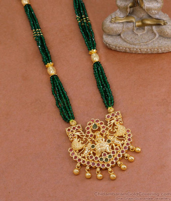 Beautiful Jaipuri Style Green Beads Gold Haram Lakshmi Design Online HR3438 