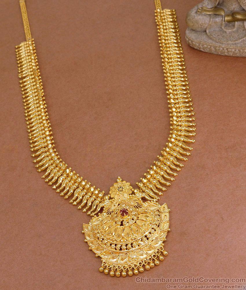 Latest Kerala Pattern Gold Imitation Long Haram Design With Ruby Stone HR3448