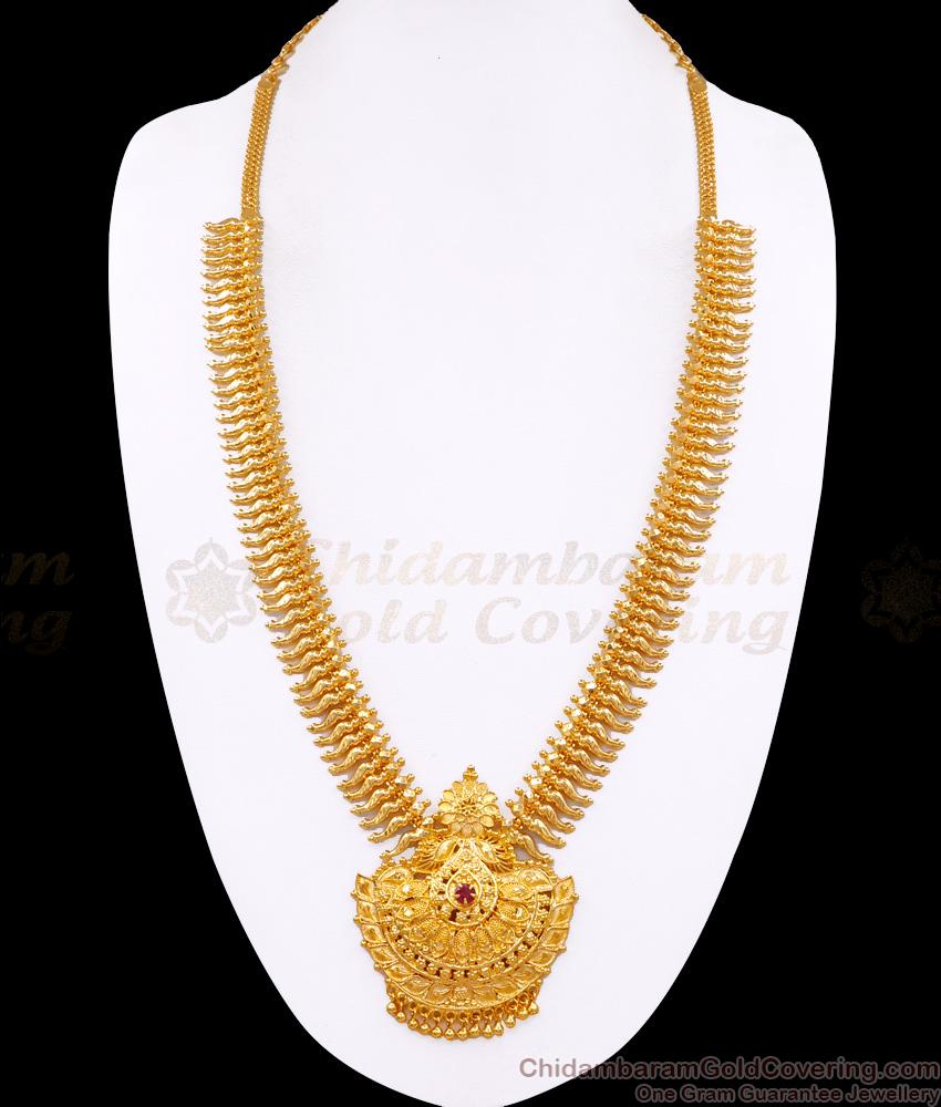 Latest Kerala Pattern Gold Imitation Long Haram Design With Ruby Stone HR3448