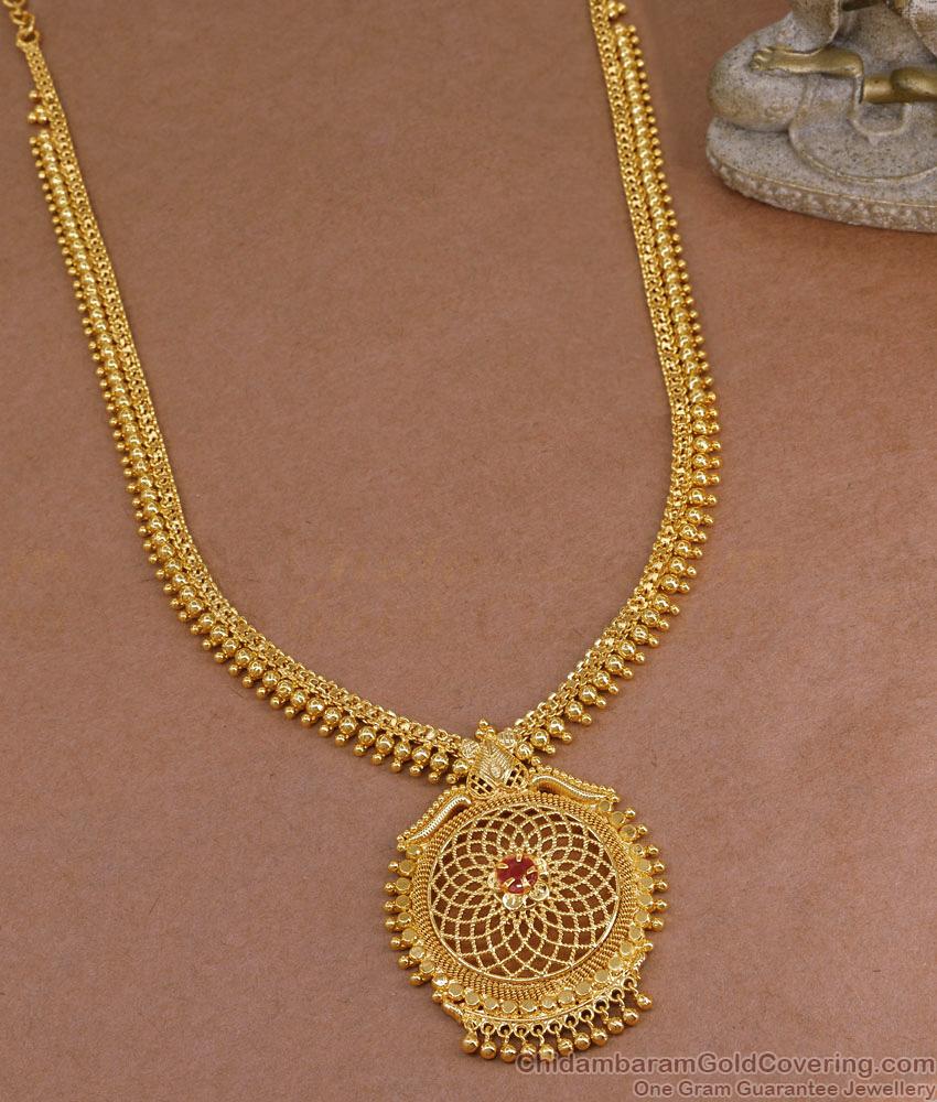 Bridal Wear Single Ruby Stone Gold Haram Beads Design HR3476