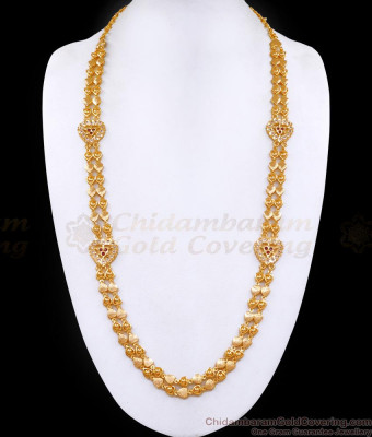 Stylish Two Line Heart Shaped Gold Haram With Impon Side Pendant HR3486