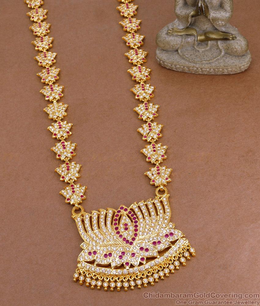 Buy Ruby White Stone Impon Panchaloha Long Haram For Wedding HR3496