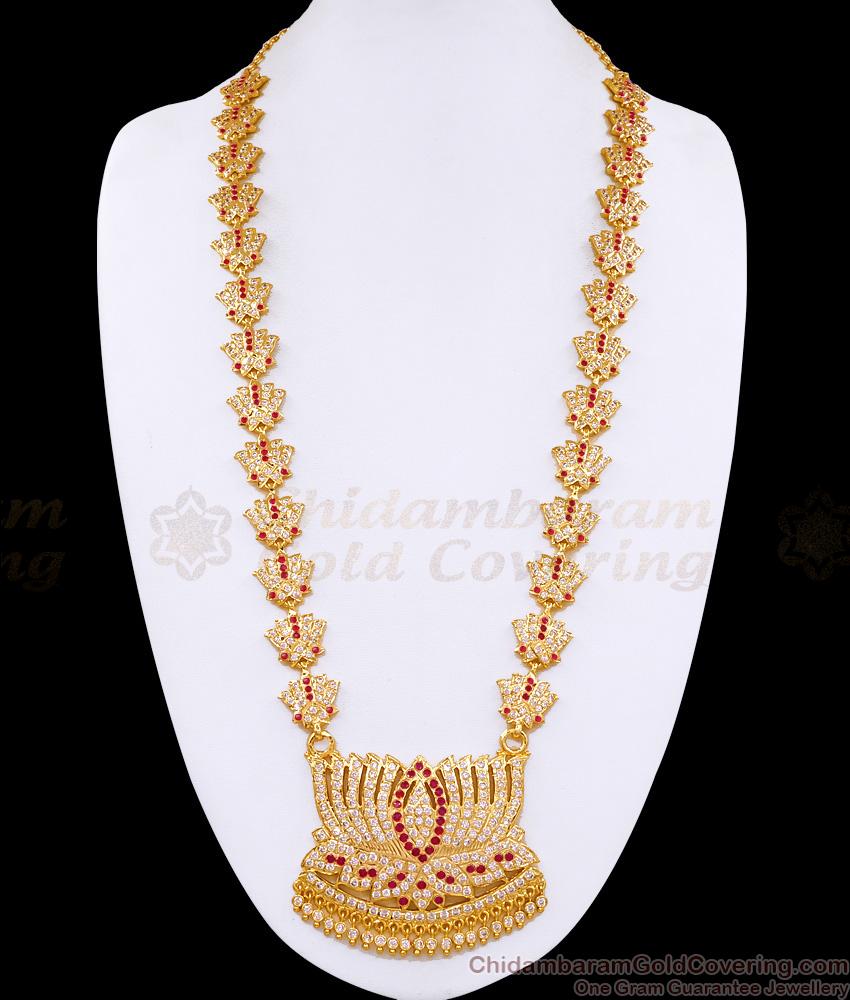 Buy Ruby White Stone Impon Panchaloha Long Haram For Wedding HR3496