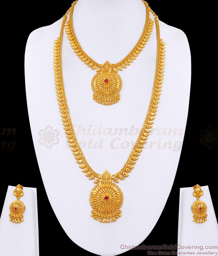 Real Gold Design Mango Design Haram Necklace Combo With Ruby Stone HR3498