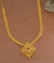 High Quality Mullai Poo Design Gold Plated Haram With Green Stone HR3499