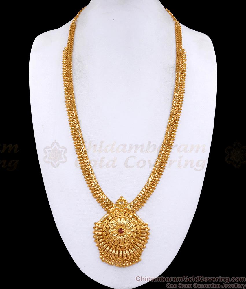 Beautiful One Gram Gold Haram Ruby Stone Design Kerala Bridal Jewelry HR3500 Beautiful One Gram Gold Haram Ruby Stone Design Kerala Bridal Jewelry HR3500