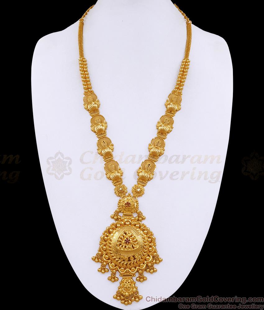 Grand Temple Design Gold Tone Long Haram With Ruby Stone For Wedding HR3507 Grand Temple Design Gold Tone Long Haram With Ruby Stone For Wedding HR3507