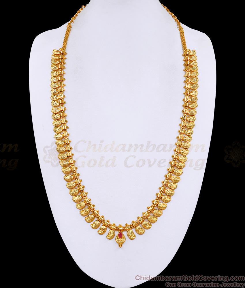 Traditional Gold Plated Mango Design Kasu Malai Long Haram Festive Colletions HR3509
