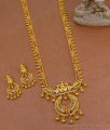 Traditional Temple Design Ruby White Stone Gold Plated Long Haram Set With Earring HR3510 Traditional Temple Design Ruby White Stone Gold Plated Long Haram Set With Earring HR3510