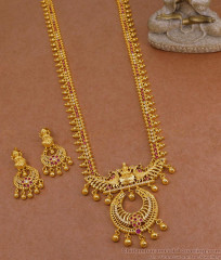 Traditional Temple Design Ruby White Stone Gold Plated Long Haram Set With Earring HR3510 Traditional Temple Design Ruby White Stone Gold Plated Long Haram Set With Earring HR3510