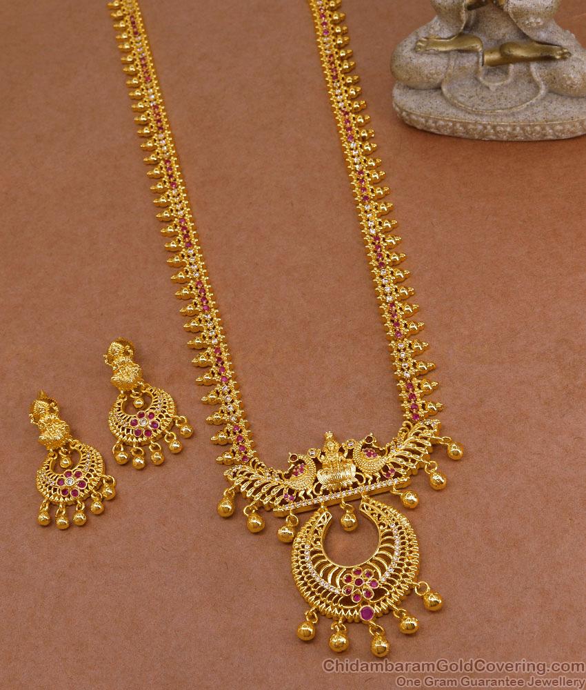 Traditional Temple Design Ruby White Stone Gold Plated Long Haram Set With Earring HR3510 Traditional Temple Design Ruby White Stone Gold Plated Long Haram Set With Earring HR3510