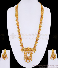 Traditional Temple Design Ruby White Stone Gold Plated Long Haram Set With Earring HR3510 Traditional Temple Design Ruby White Stone Gold Plated Long Haram Set With Earring HR3510