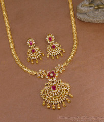 Luxury Ruby Gemstone Micro Plated Peacock Design Long Haram Set For Bridal Wear HR3513 Luxury Ruby Gemstone Micro Plated Peacock Design Long Haram Set For Bridal Wear HR3513