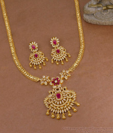 Luxury Ruby Gemstone Micro Plated Peacock Design Long Haram Set For Bridal Wear HR3513 Luxury Ruby Gemstone Micro Plated Peacock Design Long Haram Set For Bridal Wear HR3513