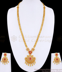 Luxury Ruby Gemstone Micro Plated Peacock Design Long Haram Set For Bridal Wear HR3513 Luxury Ruby Gemstone Micro Plated Peacock Design Long Haram Set For Bridal Wear HR3513