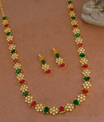 Temple Style Ruby Emerald Cz Stone Gold Plated Haram Jewellery Set HR3515 Temple Style Ruby Emerald Cz Stone Gold Plated Haram Jewellery Set HR3515