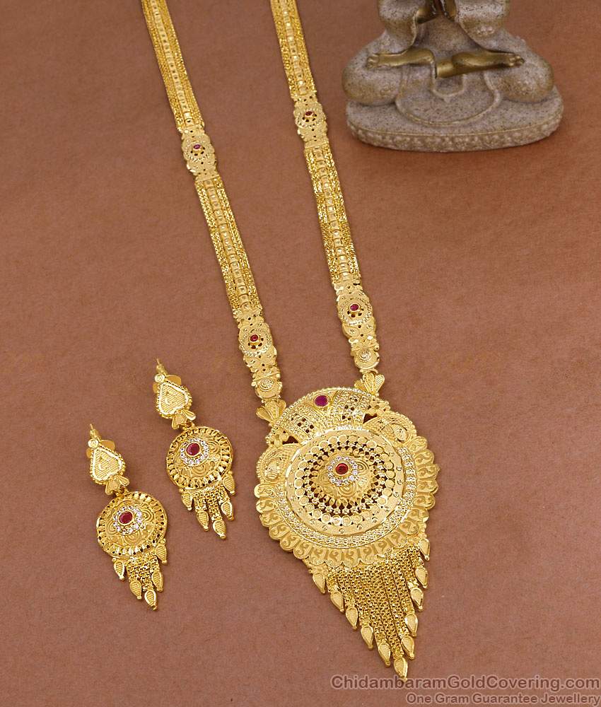 Latest Dubai Gold Long Ruby White Stone Haram Earring Combo Set HR3520 Latest Dubai Gold Long Ruby White Stone Haram Earring Combo Set HR3520