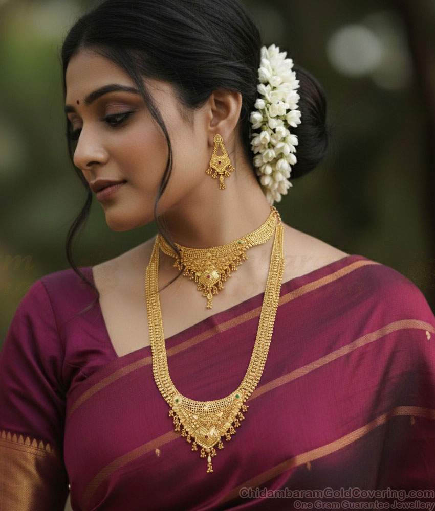 High Quality Micro Gold Polish Haram Necklace Kerala Wedding Jewelry HR3526