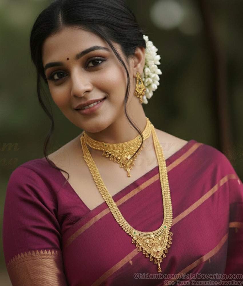 High Quality Micro Gold Polish Haram Necklace Kerala Wedding Jewelry HR3526