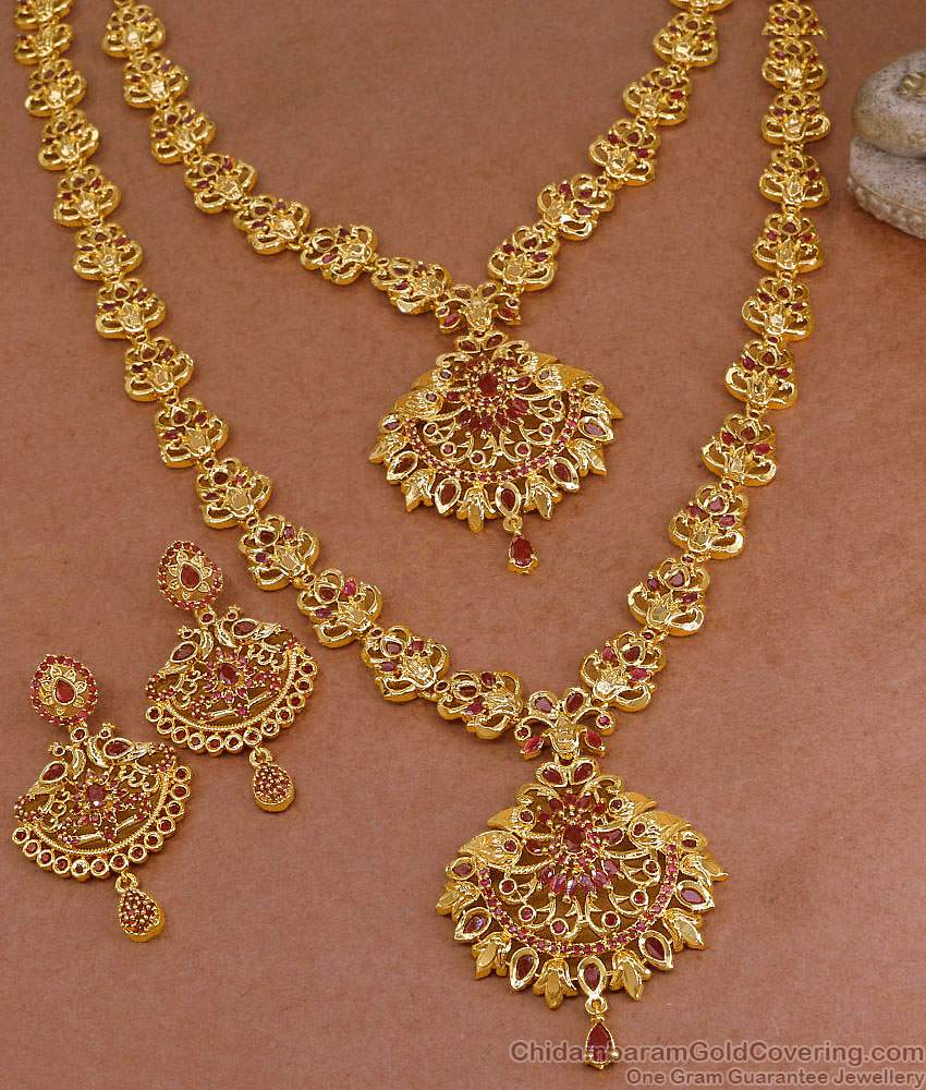 Bridal Set Ruby Stone Peacock Haram Necklace Design Shop Online HR3528