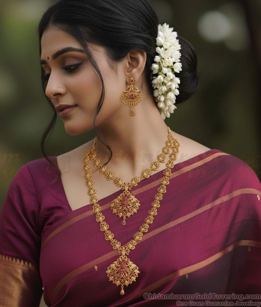 Bridal Set Ruby Stone Peacock Haram Necklace Design Shop Online HR3528