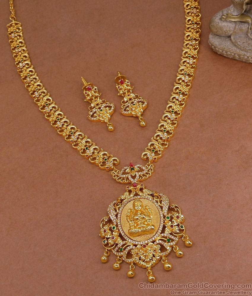 Grand Lakshmi Peacock Design Gold Imitation Haram Earring With Ad Stone HR3530 Grand Lakshmi Peacock Design Gold Imitation Haram Earring With Ad Stone HR3530