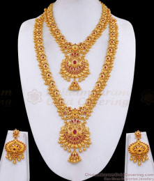 Exquisite Handcrafted Temple Wear Gold Plated Haram Combo Set Online HR3533