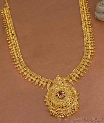 Kerala Bridal Design Micro Gold Plated Long Haram With Ruby Stone HR3537