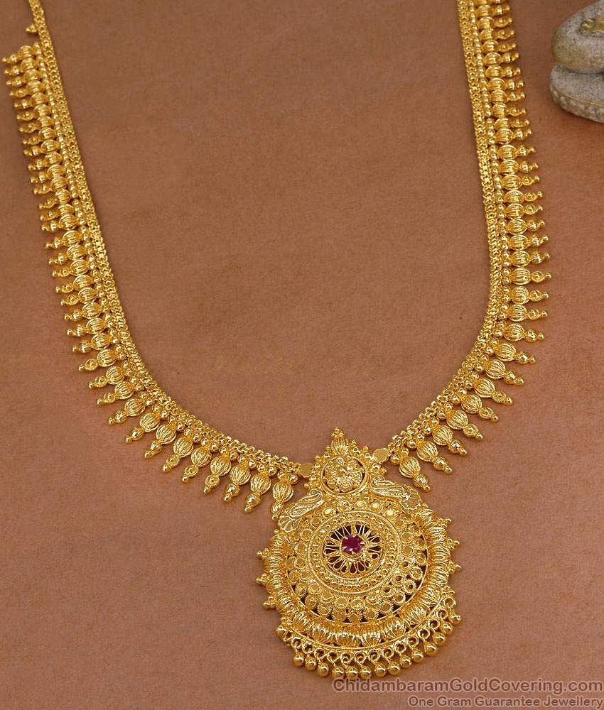 Kerala Bridal Design Micro Gold Plated Long Haram With Ruby Stone HR3537 Kerala Bridal Design Micro Gold Plated Long Haram With Ruby Stone HR3537