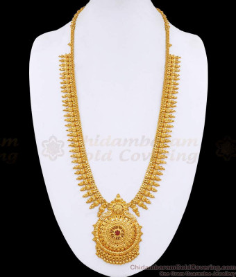 Kerala Bridal Design Micro Gold Plated Long Haram With Ruby Stone HR3537
