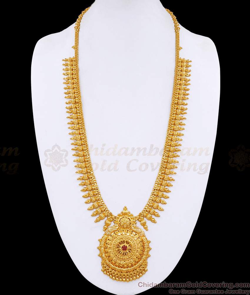 Kerala Bridal Design Micro Gold Plated Long Haram With Ruby Stone HR3537 Kerala Bridal Design Micro Gold Plated Long Haram With Ruby Stone HR3537