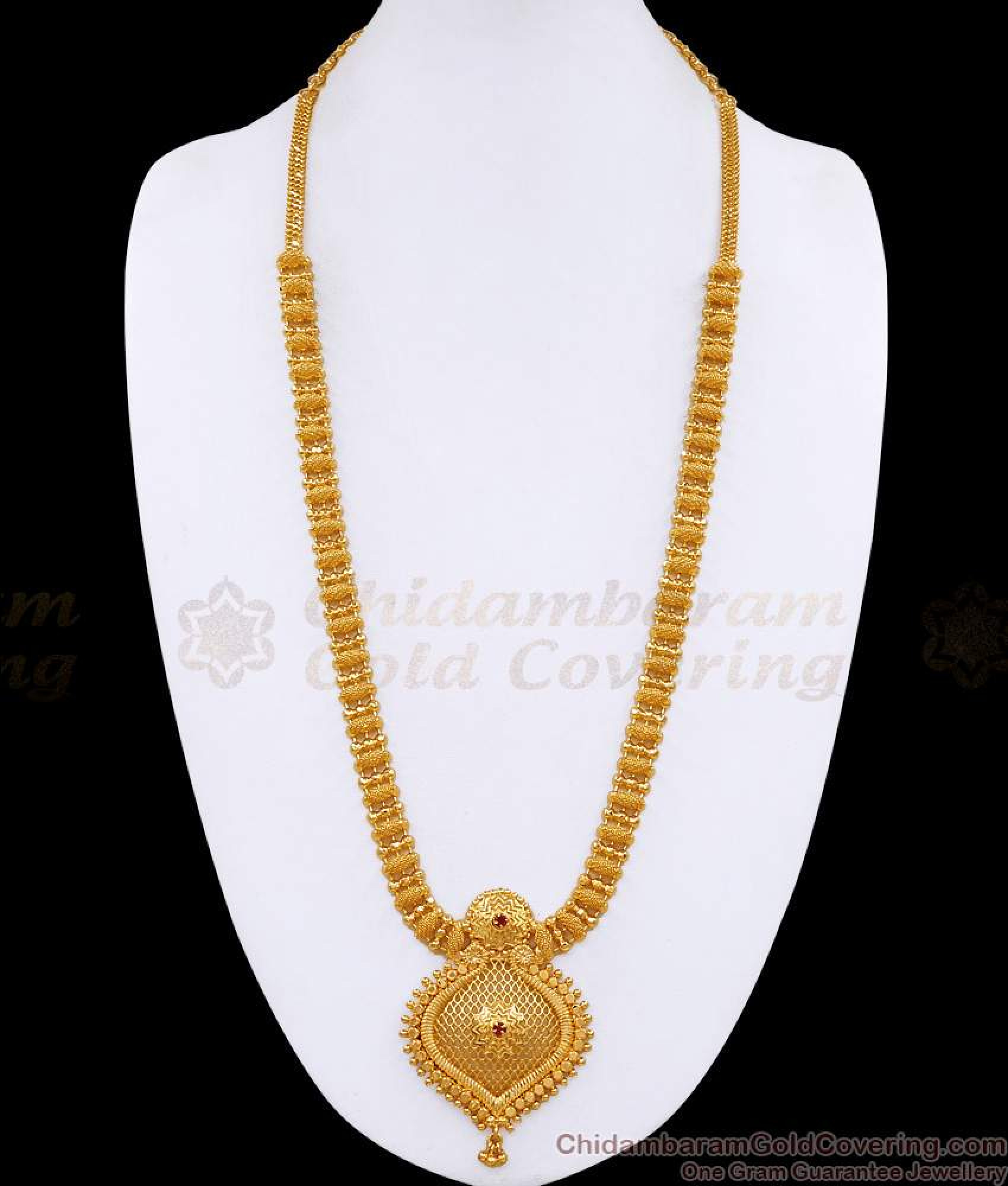 Ruby Hr Net Rimbun New Arrival Ruby Stone Net Pattern Gold Haram Collection For Wedding HR3538