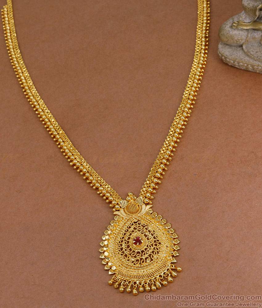 One Gram Gold Beaded Haram Ruby Stone Design Kerala Bridal Jewelry HR3539 One Gram Gold Beaded Haram Ruby Stone Design Kerala Bridal Jewelry HR3539