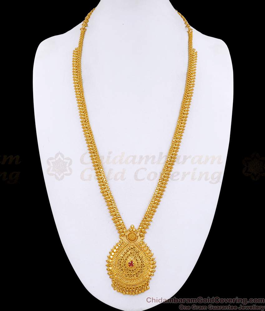 One Gram Gold Beaded Haram Ruby Stone Design Kerala Bridal Jewelry HR3539 One Gram Gold Beaded Haram Ruby Stone Design Kerala Bridal Jewelry HR3539