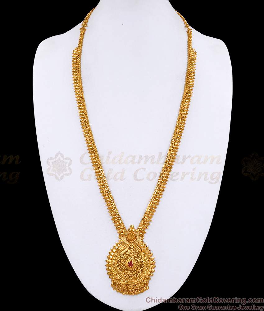 One Gram Gold Beaded Haram Ruby Stone Design Kerala Bridal Jewelry HR3539