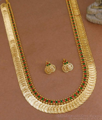 Ruby Green Stone Lakshmi Coin Gold Haram Design With Matching Earring HR3545 Ruby Green Stone Lakshmi Coin Gold Haram Design With Matching Earring HR3545