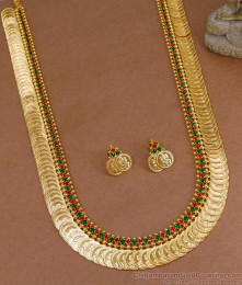 Ruby Green Stone Lakshmi Coin Gold Haram Design With Matching Earring HR3545