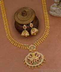 Latest One Gram Gold Ad Stone Haram Lakshmi Design With Jhumkas For Wedding HR3546