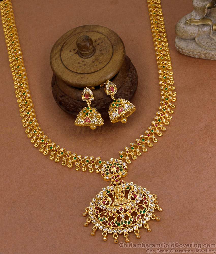 Latest One Gram Gold Ad Stone Haram Lakshmi Design With Jhumkas For Wedding HR3546 Latest One Gram Gold Ad Stone Haram Lakshmi Design With Jhumkas For Wedding HR3546