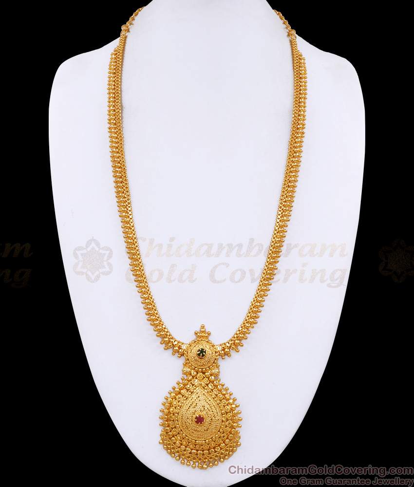 Kerala Bridal Gold Plated Ruby Green Stone Haram Golden Beads Design HR3548 Kerala Bridal Gold Plated Ruby Green Stone Haram Golden Beads Design HR3548