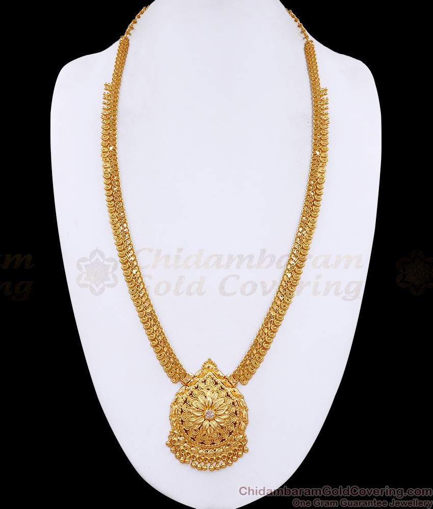 Beautiful White Stone One Gram Gold Haram Kerala Wedding Jewelry HR3554 Beautiful White Stone One Gram Gold Haram Kerala Wedding Jewelry HR3554