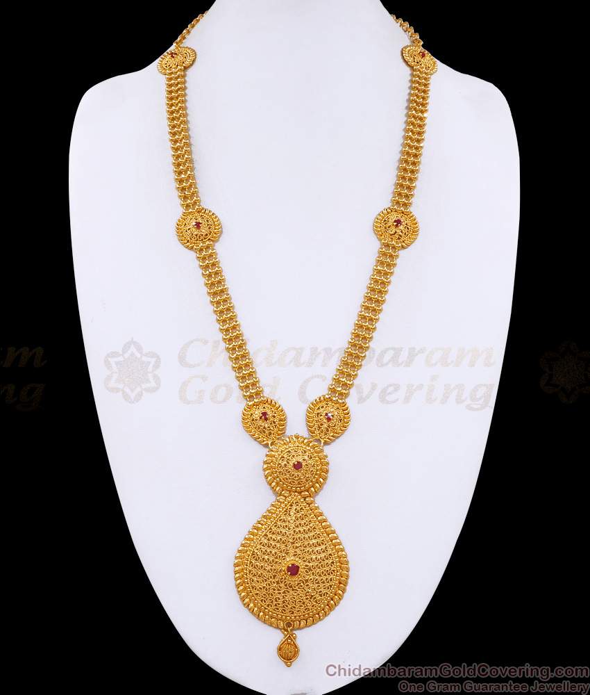 Traditional Gold Plated Long Haram Bridal Wear Ruby Stone Design Online HR3556 Traditional Gold Plated Long Haram Bridal Wear Ruby Stone Design Online HR3556