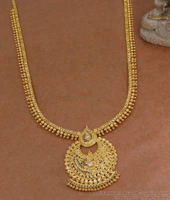 Beautiful White Stone Gold Plated Long Haram Collection For Wedding HR3562