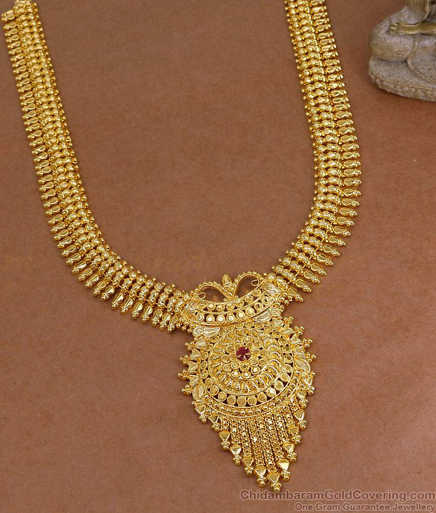 Latest Bridal Wear One Gram Gold Mullaipoo Long Haram With Ruby Stone HR3568