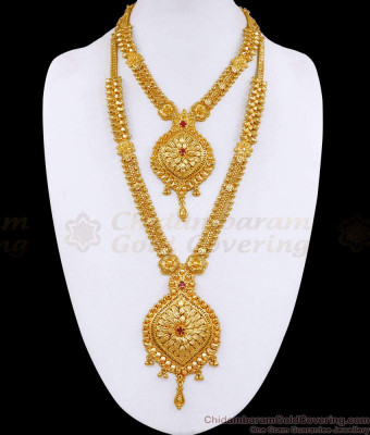 Latest Bridal Wear Gold Imitation Haram Necklace Combo Ruby Stone Design HR3576