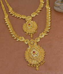 Beautiful Kerala Pattern Micro Gold Plated Haram Necklace Bridal Combo Set HR3577 Beautiful Kerala Pattern Micro Gold Plated Haram Necklace Bridal Combo Set HR3577