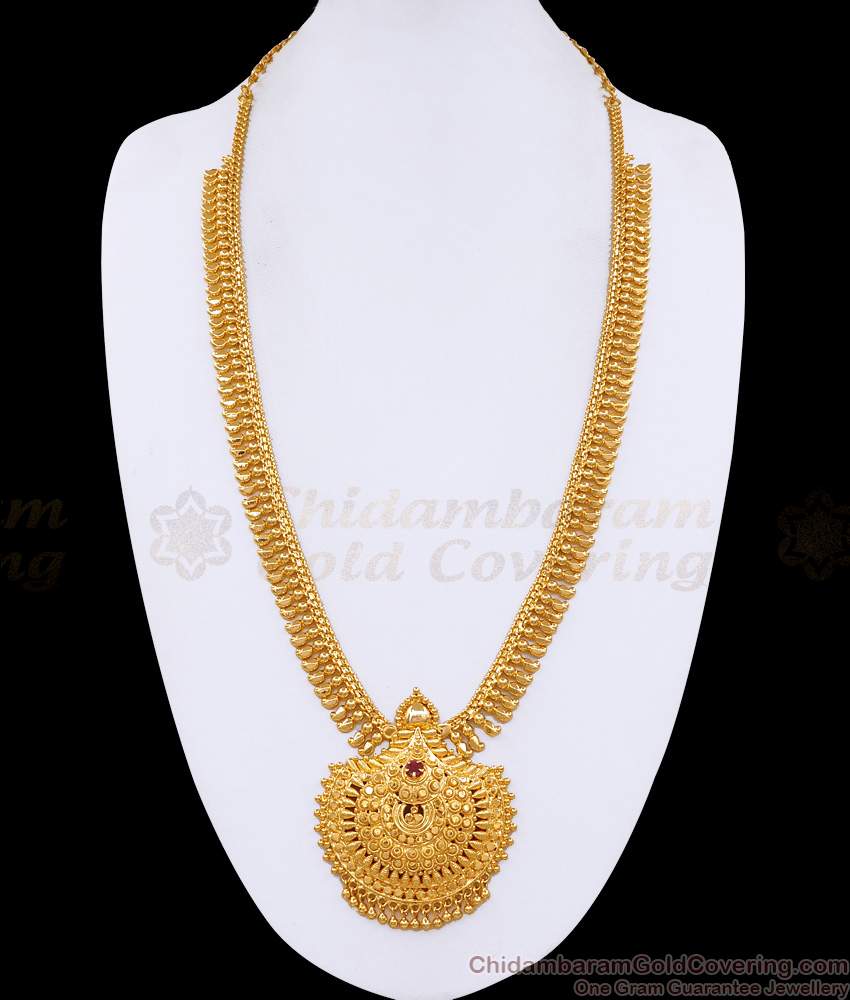 Kerala Pattern Ruby Stone Gold Plated Mango Haram Design Online HR3582 Kerala Pattern Ruby Stone Gold Plated Mango Haram Design Online HR3582